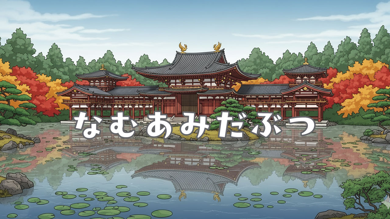 平等院鳳凰堂と池のイラスト。「なむあみだぶつ」の文字入り。中学歴史の国風文化と浄土信仰の解説用アイキャッチ画像。