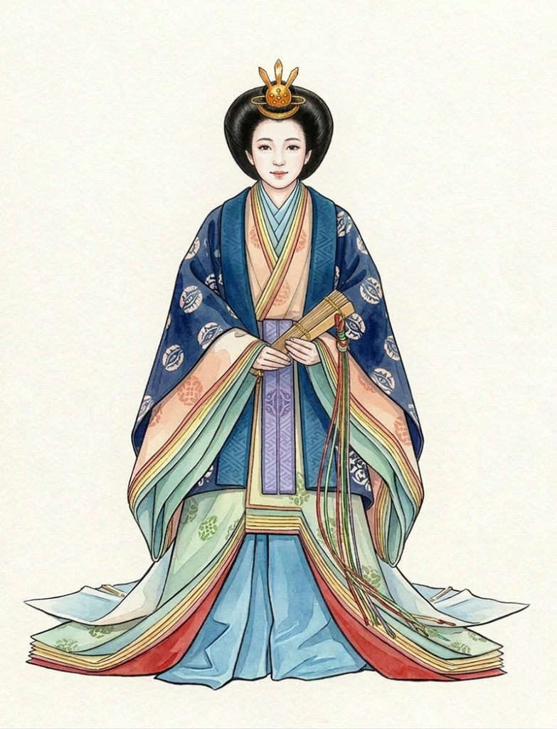 平安時代の国風文化を代表する女性の正装、女房装束(十二単)を身にまとい、閉じた桧扇(ひおうぎ)を手にする女性のイラスト。