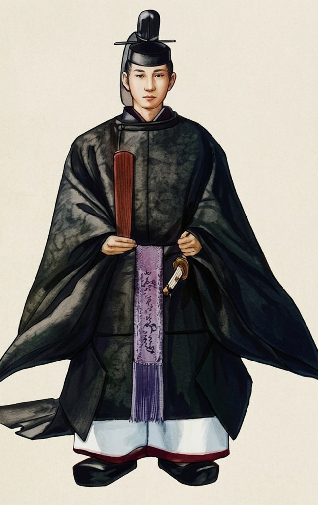 黒い袍(ほう)を身にまとい、頭に冠を戴き、手に笏(しゃく)を持った平安時代以降の公家の正装「束帯」姿の男性のイラスト。