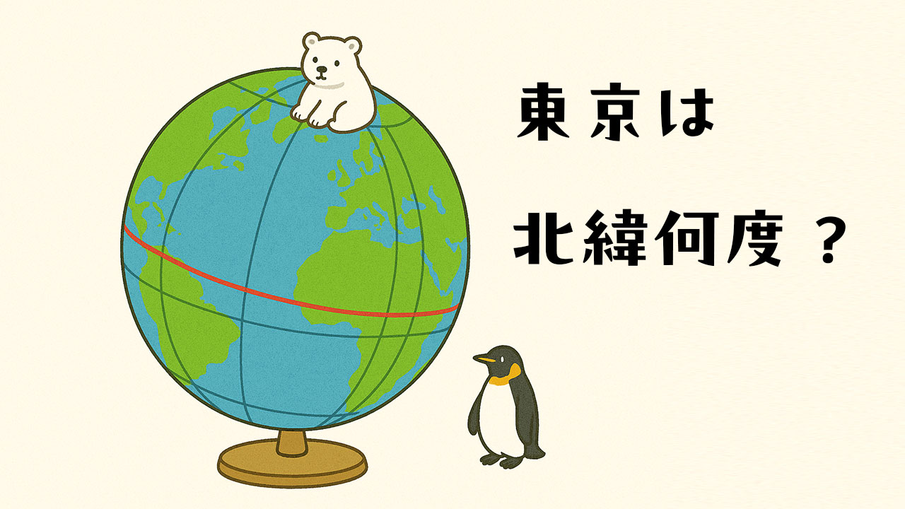 北極にホッキョクグマ、南極にペンギンがいる地球儀と『東京は北緯何度？』の文字。第2回『地球儀と世界地図』の学習プリント用アイキャッチ画像。