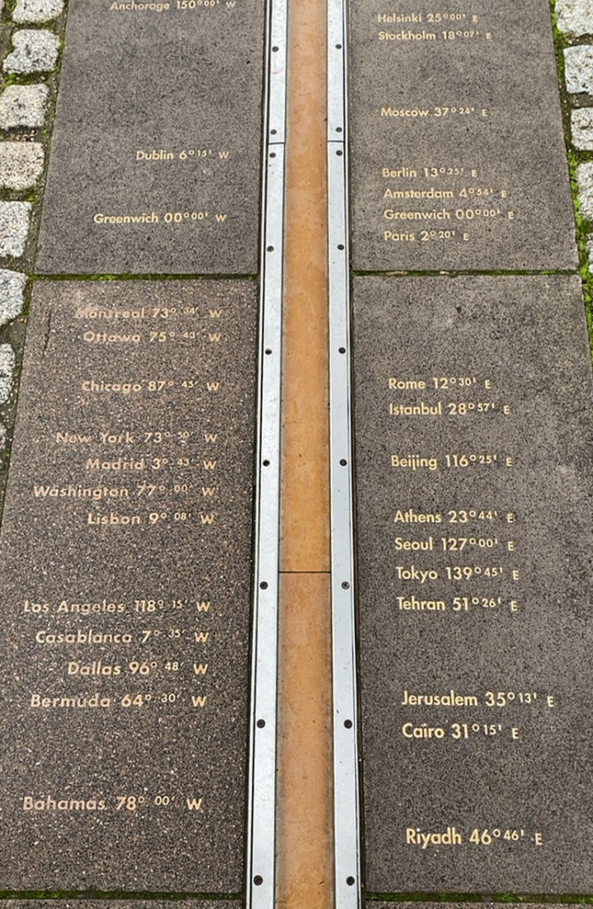 イギリスのグリニッジ天文台にある本初子午線（経度0度）のライン。地面のラインを境に、各都市の東経・西経が記されている写真。地理の学習用。
