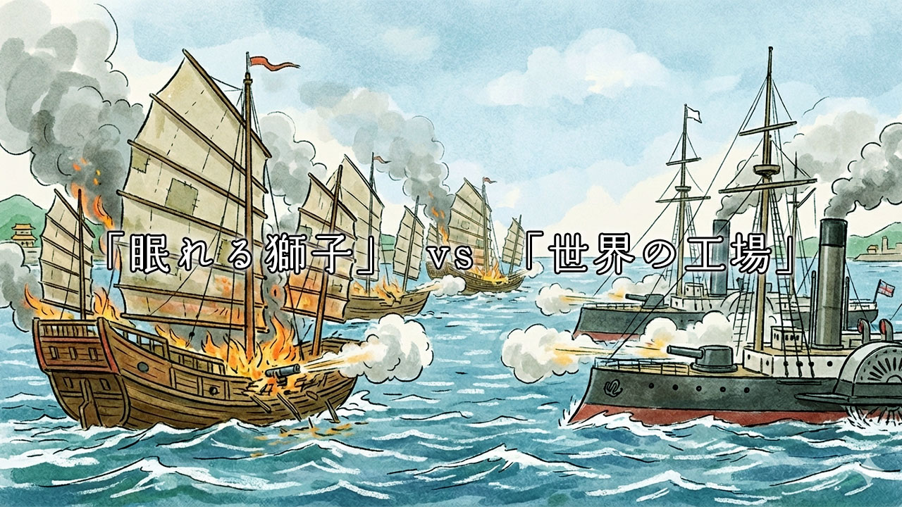 アヘン戦争において、清を圧倒するイギリスの海軍