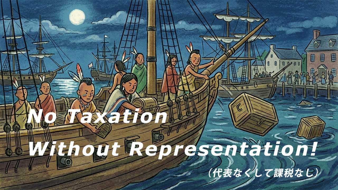 イギリス領マサチューセッツ湾直轄植民地のボストンでイギリス本国からの課税措置に対し、抗議（代表なくして課税なし）の意味で積み荷の茶箱を海に投棄するアメリカの植民地人たち