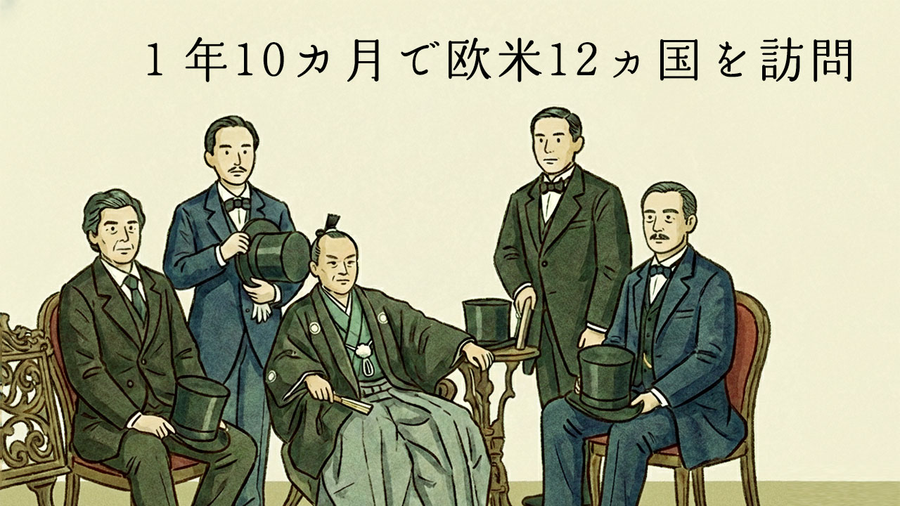 サンフランシスコ到着直後の岩倉使節団。左から木戸孝允、山口尚芳、岩倉、伊藤博文、大久保利通