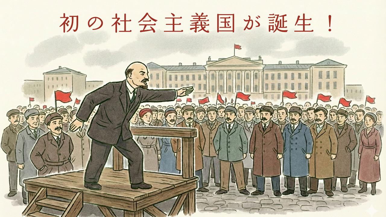 亡命先から帰国し、ロシア革命を社会主義革命へと導いたレーニン