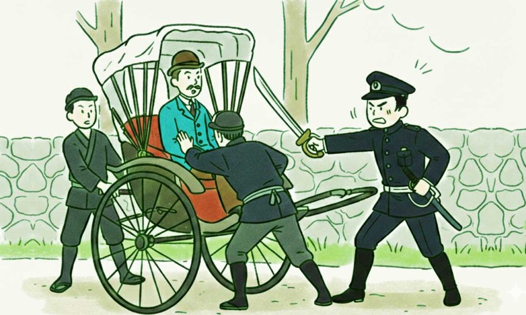 日本を訪問中のロシア帝国皇太子・ ニコライ（後の皇帝ニコライ2世）に斬りかかる警察官の津田三蔵