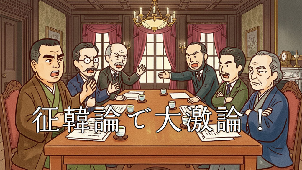 征韓論で激論をかわす明治政府の首脳たち（西郷隆盛・板垣退助・大隈重信・大久保利通・木戸孝允ら）