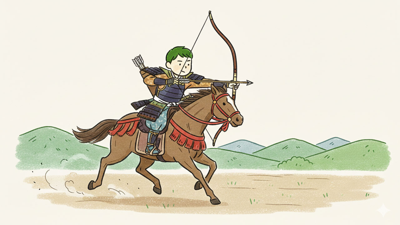 弓馬の道と呼ばれる武芸の訓練（流鏑馬・笠懸・犬追物）を行う鎌倉時代の武士