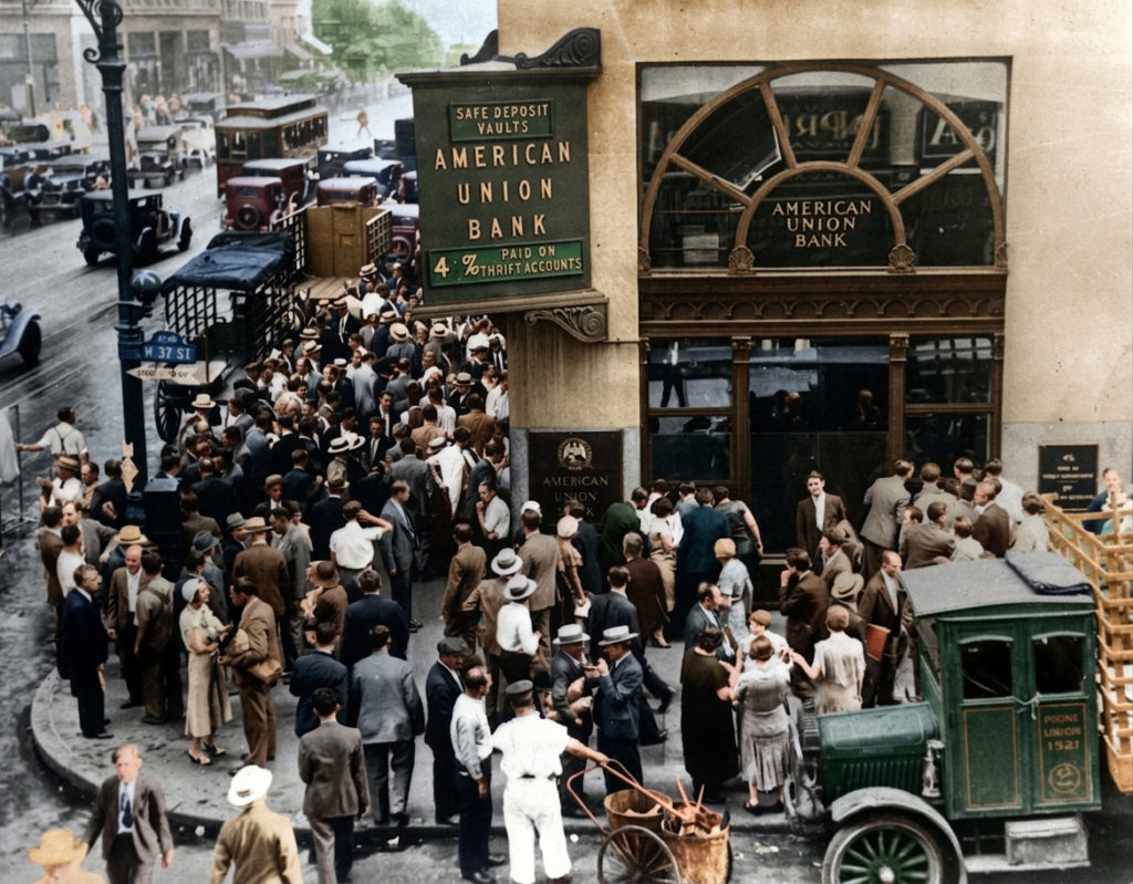 世界恐慌時にニューヨークのアメリカン・ユニオン・バンクへ押し寄せ、預金の引き出しを待つ人々の群衆（カラー化）。