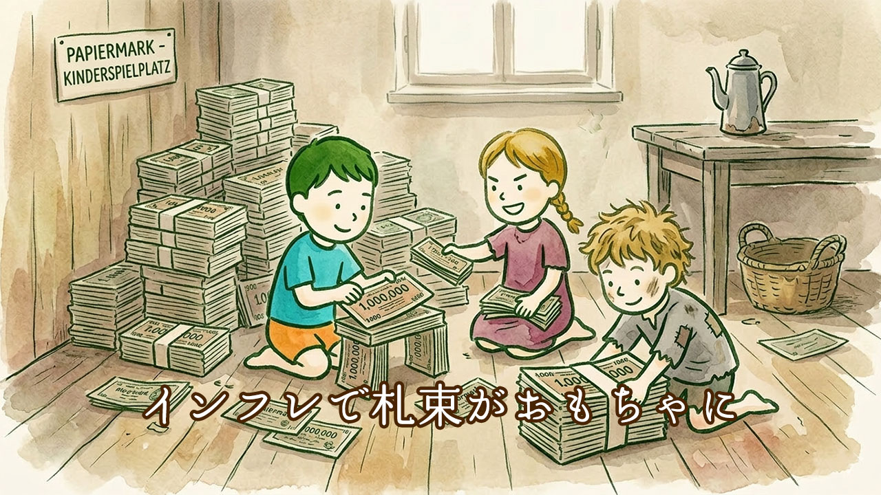 ドイツのハイパーインフレーションで紙幣を積み木にして遊ぶ子供たちのイラスト