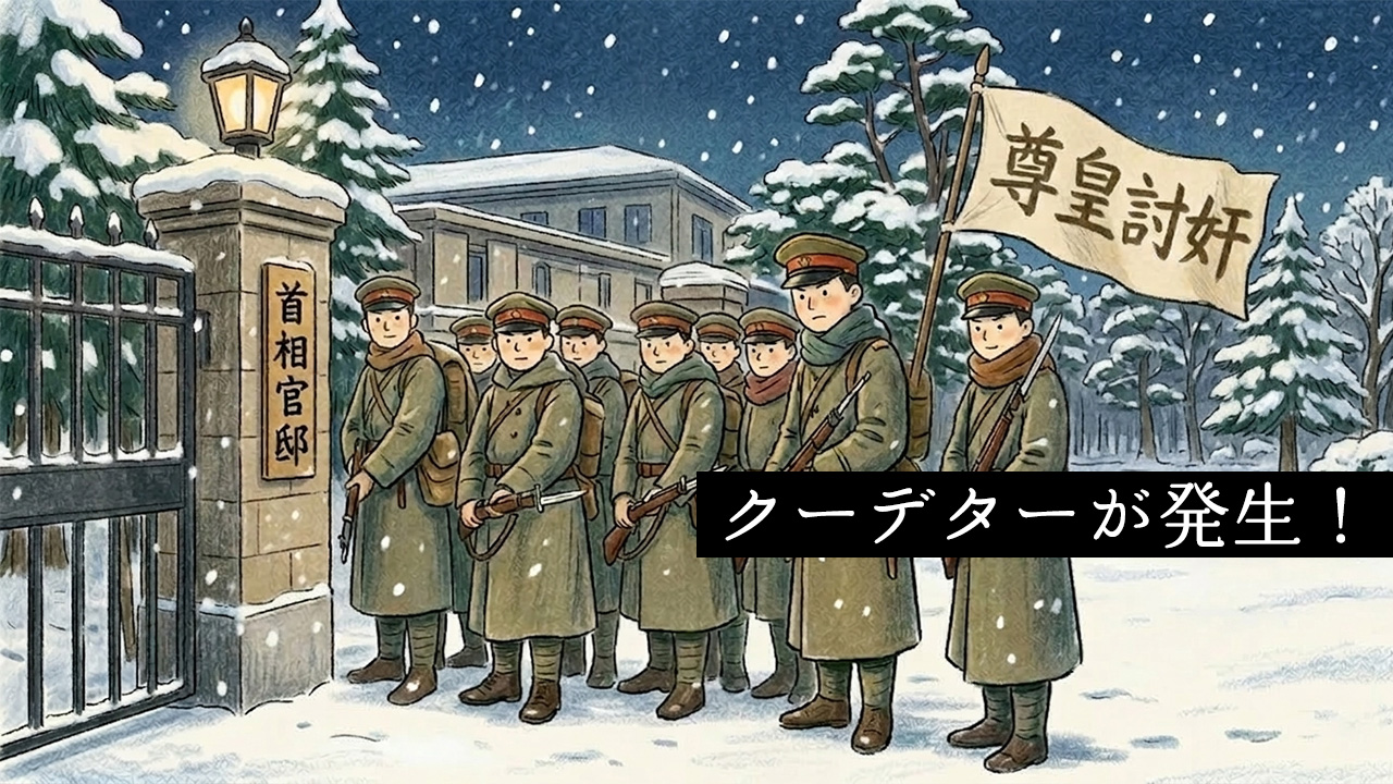 雪の降る未明、首相官邸の前に整列する陸軍兵士たちと「尊皇討奸」の旗が描かれた、二・二六事件をイメージしたイラスト