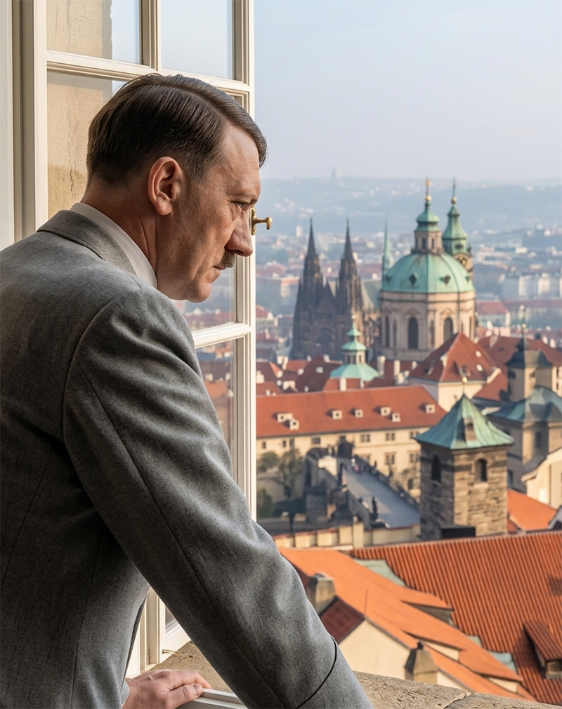 1939年3月、チェコスロバキア解体後にプラハ城の窓辺に立ち、赤い屋根が並ぶプラハの街並みを見下ろしているアドルフ・ヒトラーの横顔。カラー化により、街の景色や軍服の質感が鮮明に再現されている。