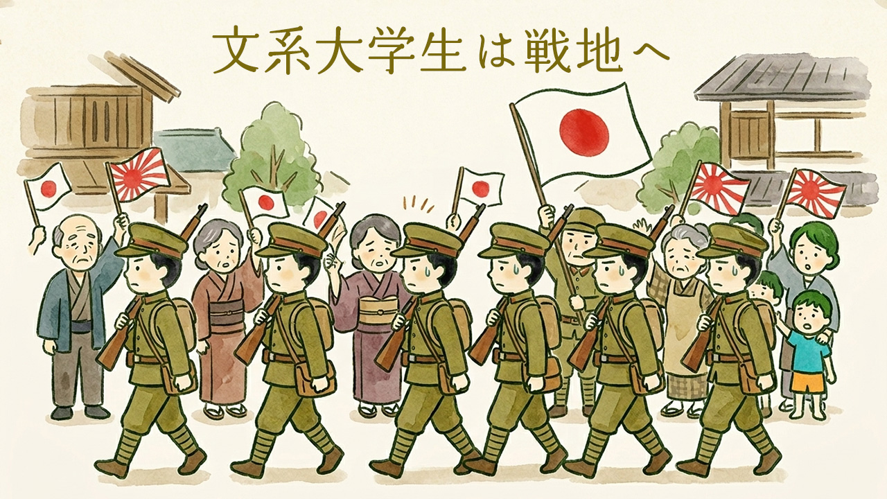 「文系大学生は戦地へ」という文字と共に、日の丸の旗を振る人々に送られながら、銃を肩に厳しい表情で行進する若い兵士（学徒兵）たちのイラスト。 『フニオの社会科』のアイキャッチ画像。