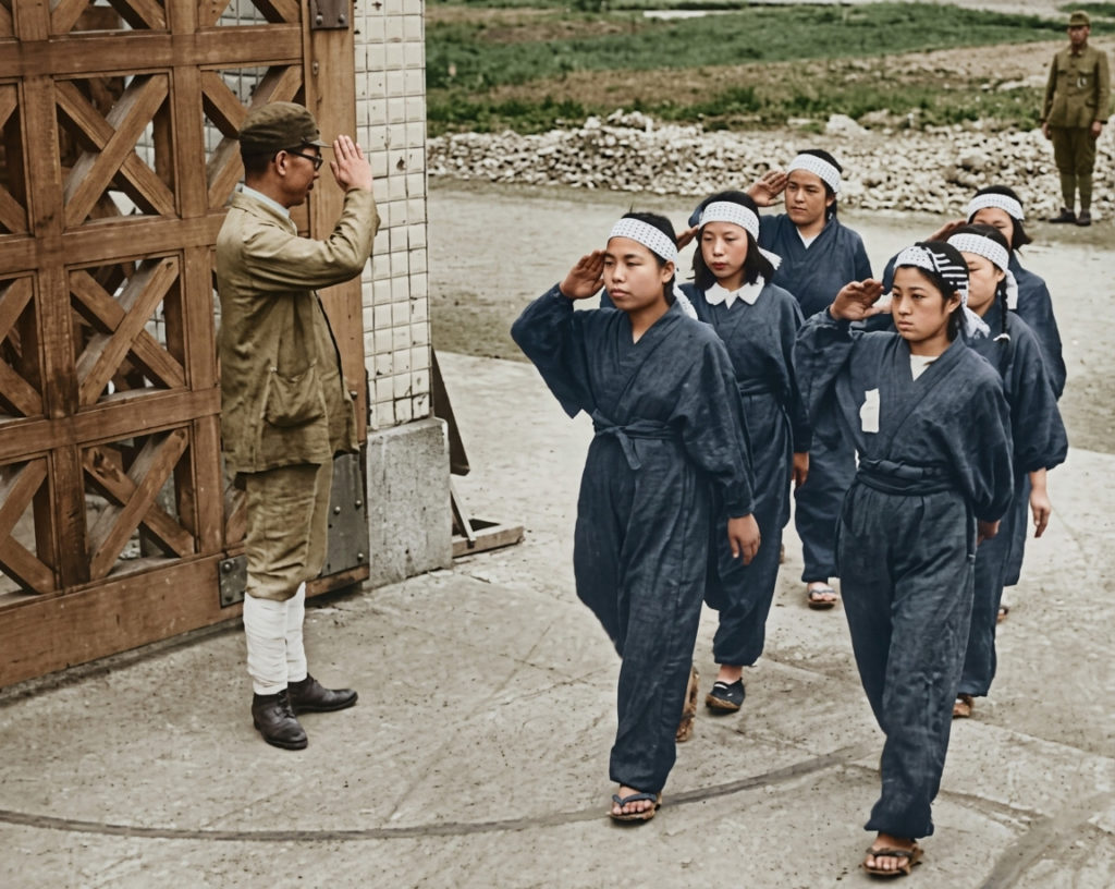 第二次世界大戦中の日本で、作業着（もんぺ）を着用し、鉢巻を締めた女子挺身隊の少女たちが、教官と思われる男性に向かって敬礼をしながら門を通過する様子。