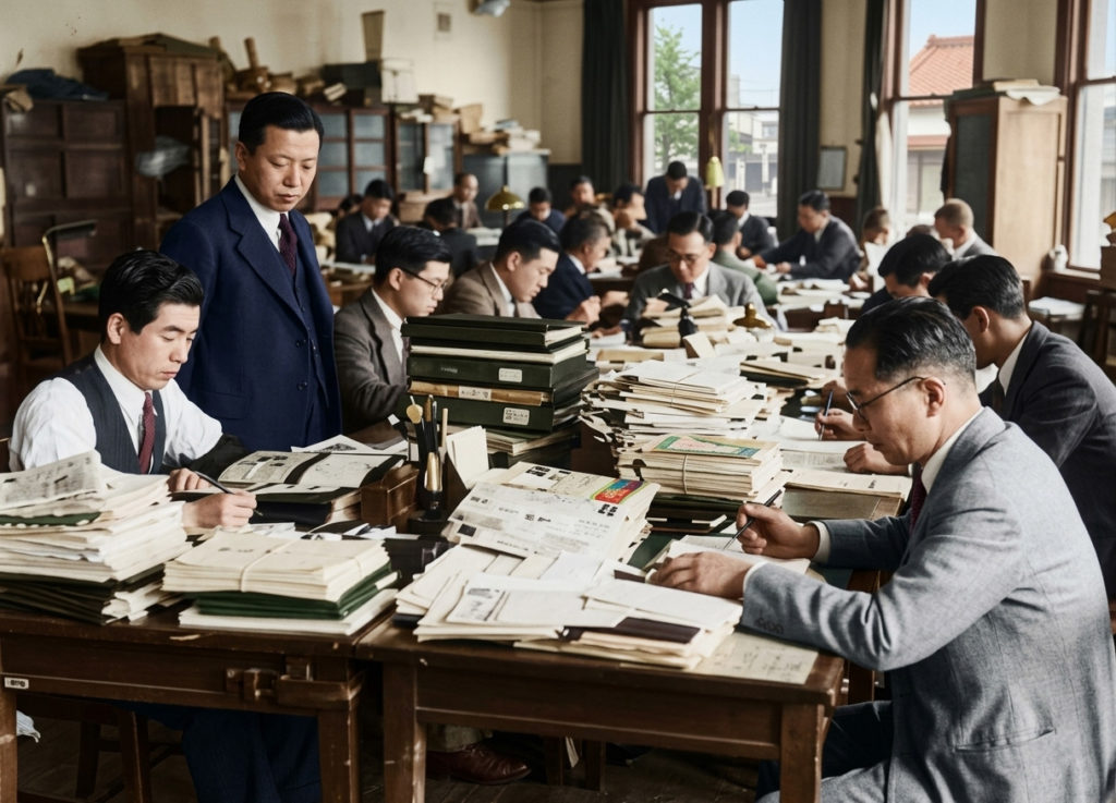1938年頃の内閣情報部において、山積みになった新聞や雑誌を一行ずつチェックし、検閲作業を行う役人たちの様子。スーツ姿の男性たちが机に並び、真剣な表情で作業しているカラー化写真。