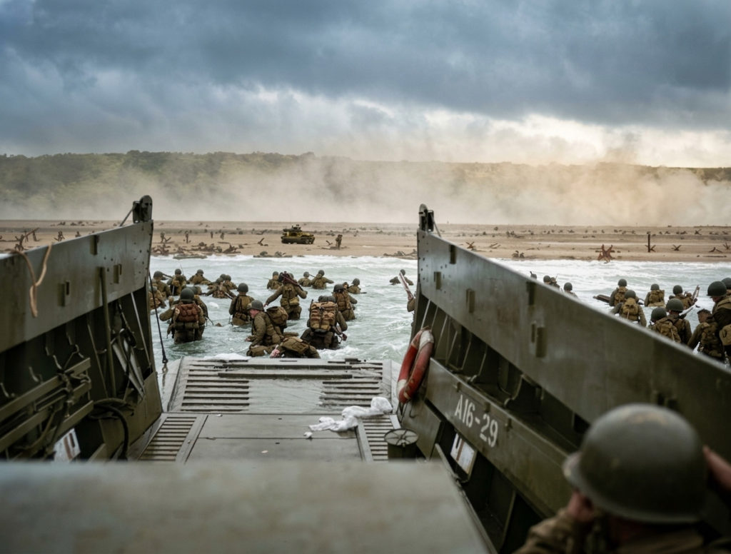 ノルマンディー上陸作戦にて、上陸用舟艇のランプ（扉）が開き、激しい水しぶきと煙が立ち込めるオマハ・ビーチへ向けて海に飛び出すアメリカ軍兵士たちの背後からの光景。
