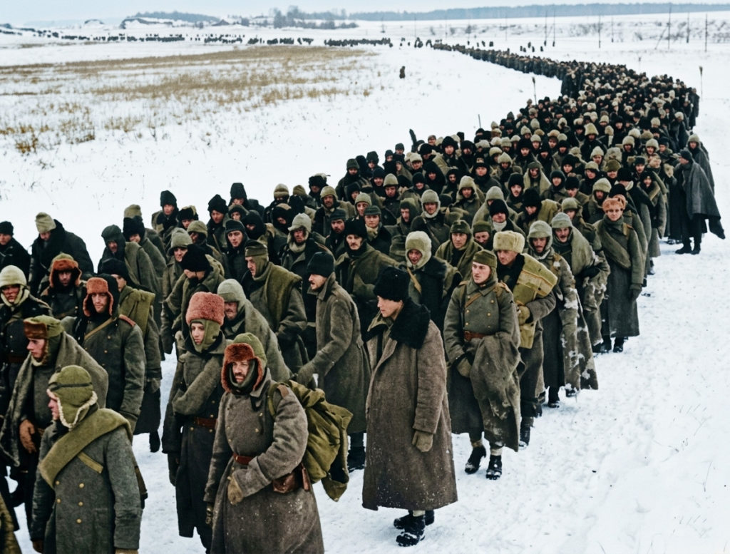 雪原の中を延々と列をなして歩く、冬装備に身を包んだ膨大な数のドイツ軍捕虜。
