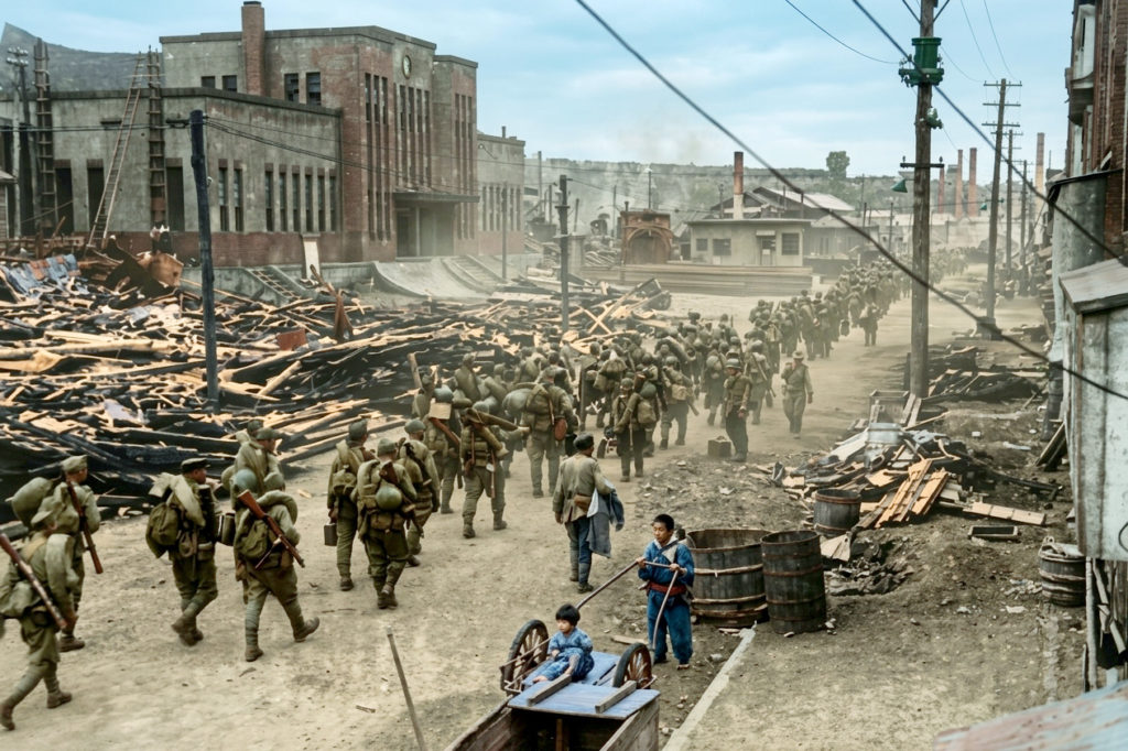 樺太（サハリン）の真岡に入ったソ連軍。瓦礫の山となった街路を、背嚢を背負った多数のソ連兵が列をなして進軍している。手前には避難する日本の子供が荷車を引く姿がある。