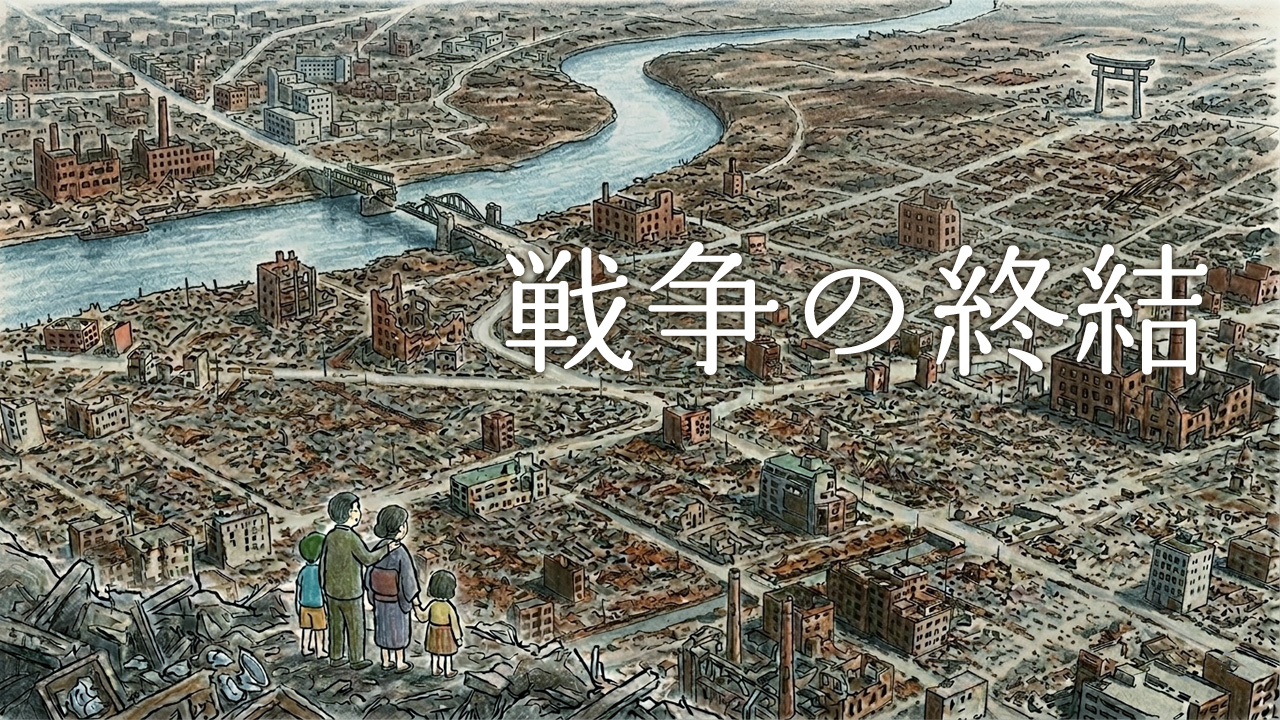 見渡す限りの焼け野原となった街の跡に、「戦争の終結」という文字が重なっているイラスト。手前の瓦礫の上には、呆然と、しかし前を向くようにして街を見つめる一組の家族の後ろ姿が描かれている。