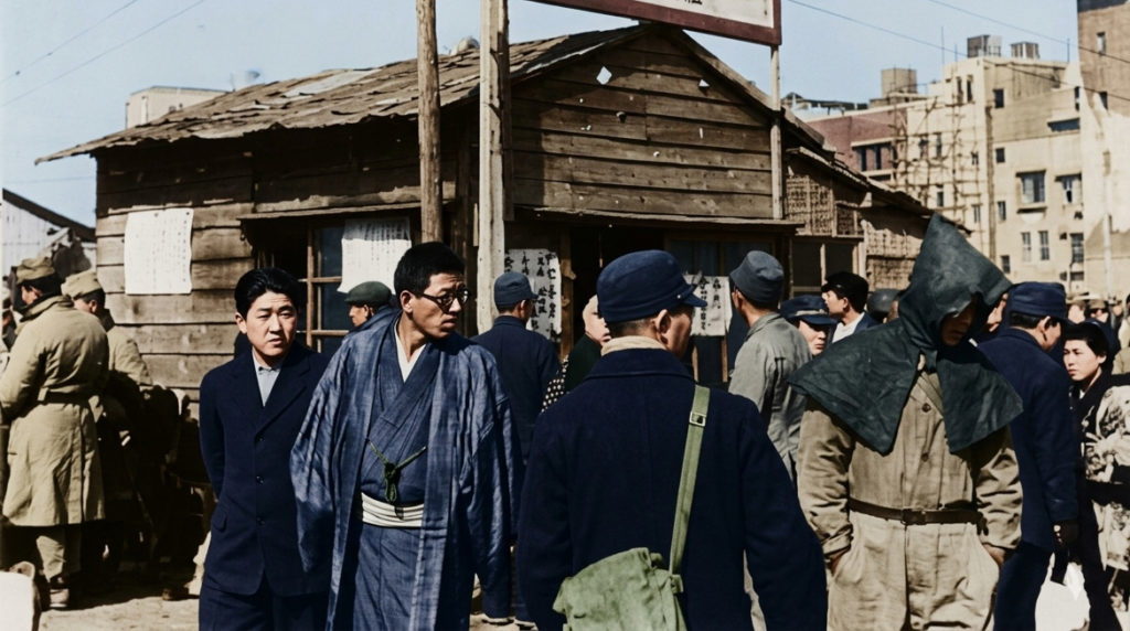 占領下の東京・新橋駅前にあった闇市のカラー化写真。復員服や着物姿の人々が行き交う様子。