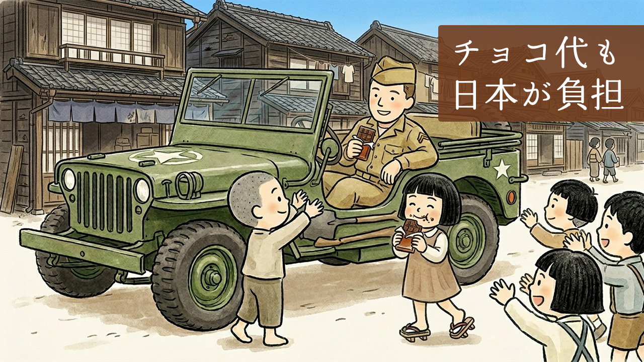 戦後の日本で、ジープからチョコレートを配るアメリカ軍兵士と喜ぶ子どもたちのイラスト。占領政策の一環としての「好感度向上」と、その費用を日本が負担していた事実を示す「チョコ代も日本が負担」の文字。