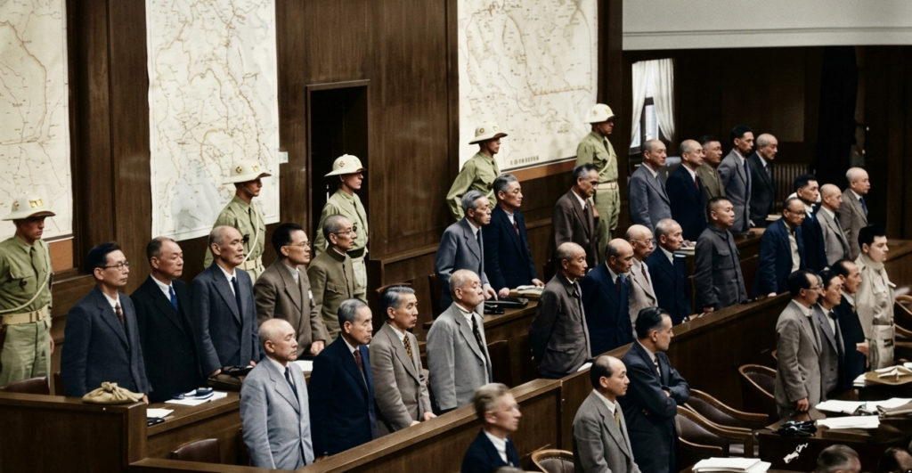 東京裁判（極東国際軍事裁判）の法廷で、証言台の前に並んで立つA級戦犯容疑者たちと、背後に控えるアメリカ軍憲兵（MP）を捉えたカラー化写真。