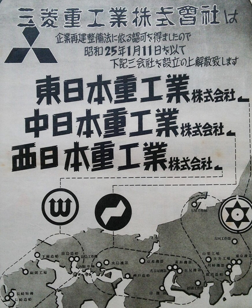 昭和25年の三菱重工業分割解散ポスター。上部に三菱マークと告知テキスト。中央に東日本、中日本、西日本の3重工業株式会社名とそれぞれのロゴマーク。下部に日本地図と各地の工場拠点が描かれています。