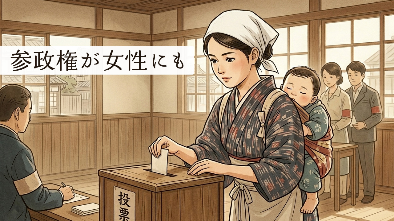 第二次世界大戦後の選挙法改正により、初めて投票所に並ぶ女性たちのイメージイラスト。赤ちゃんを背負った女性が投票箱に票を入れる様子。