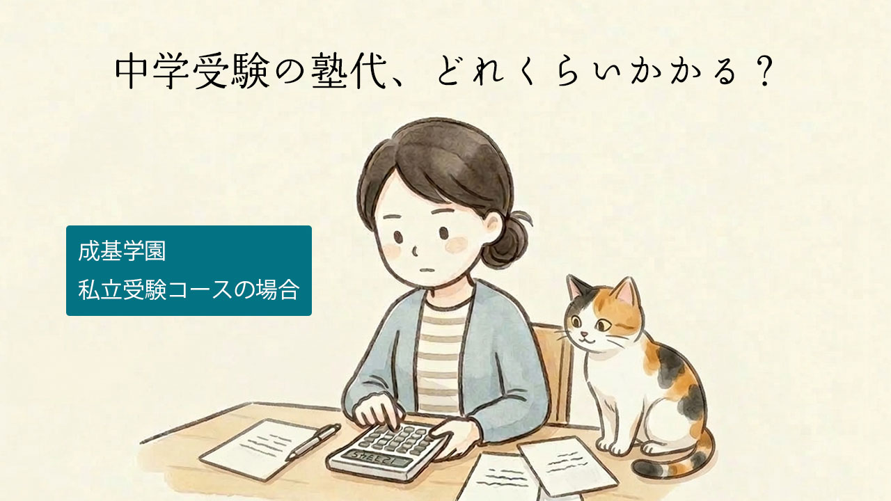 画像上部に「中学受験の塾代、どれくらいかかる？」という文字と、左側に「成基学園 私立受験コースの場合」というテロップが入っている。デスクで電卓を叩く女性と、その横に座る三毛猫のイラスト。