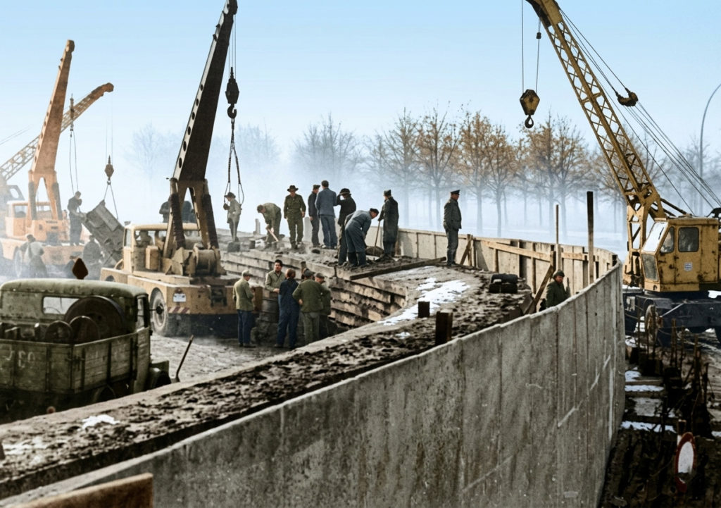 1961年11月、東ベルリンの作業員が重機を使ってコンクリート製のベルリンの壁を建設している様子（カラー化写真）