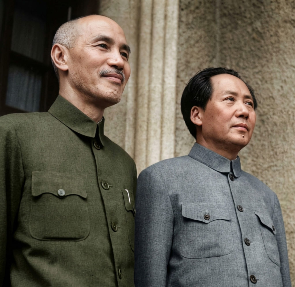 カラー化された、1940年代頃の蔣介石と毛沢東の肖像写真。二人とも軍服姿で並んで立ち、蔣介石は微笑を浮かべ、毛沢東は真剣な表情で前方を見つめている。