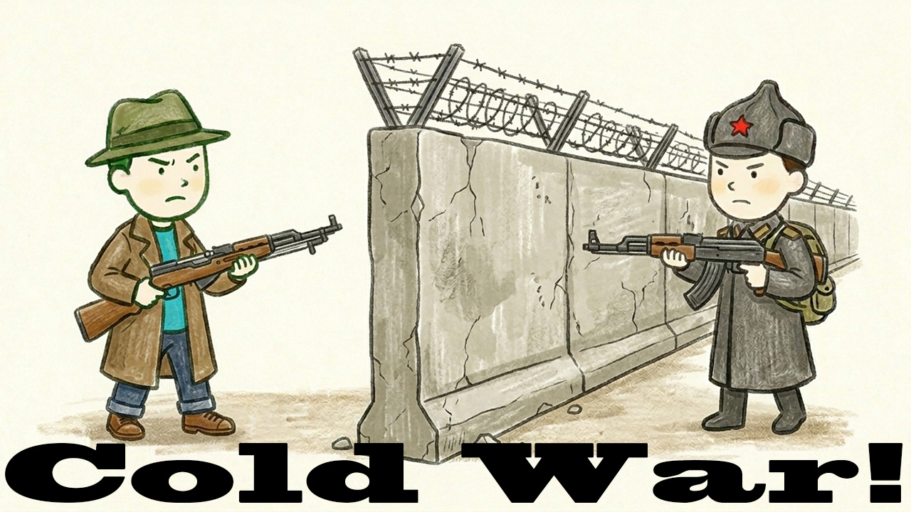 冷戦の象徴：ベルリンの壁を挟んで睨み合う西側（アメリカ）の男性と東側（ソ連）の兵士のイラスト