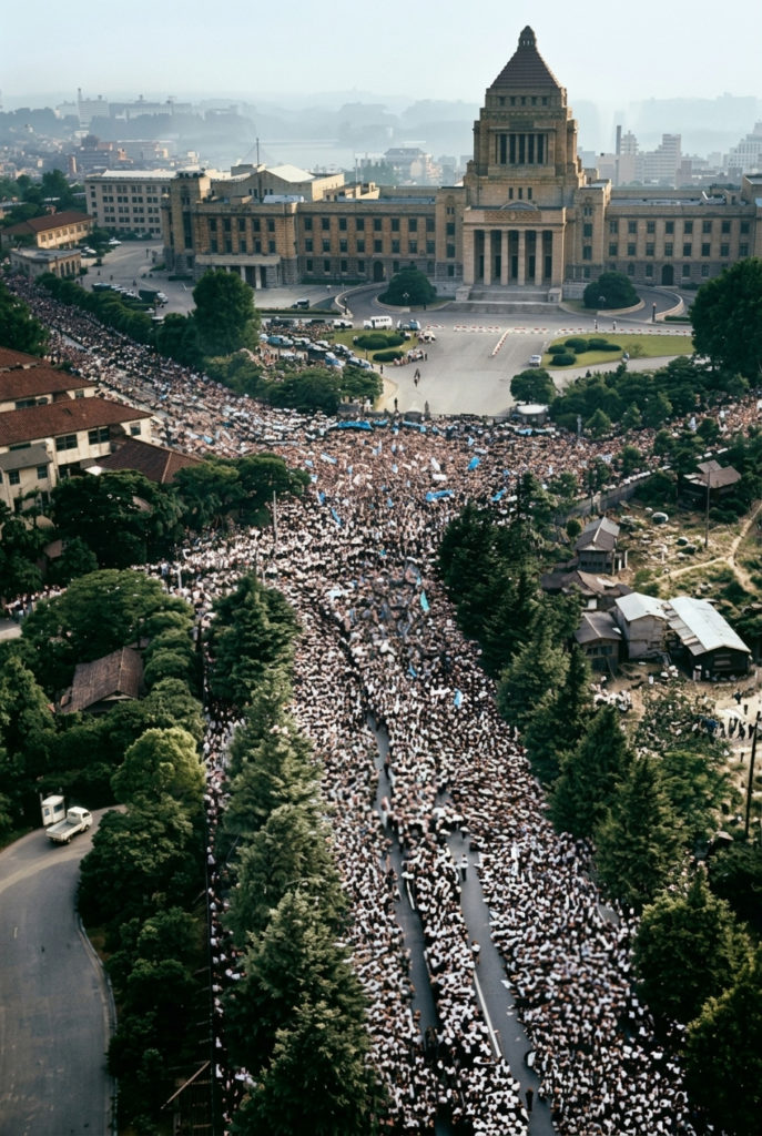 1960年、国会議事堂を埋め尽くす安保闘争のデモ隊の群衆（カラー化写真）