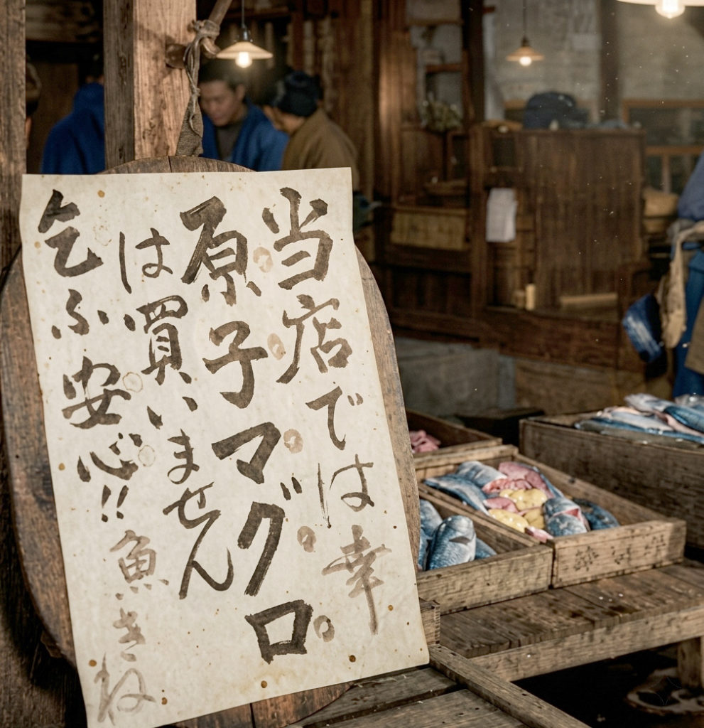 昭和29年（1954年）、魚屋の店先に掲げられた「当店では原子マグロは買いません」という手書きの貼り紙。木箱に入った魚が並ぶ風景（カラー再現）。