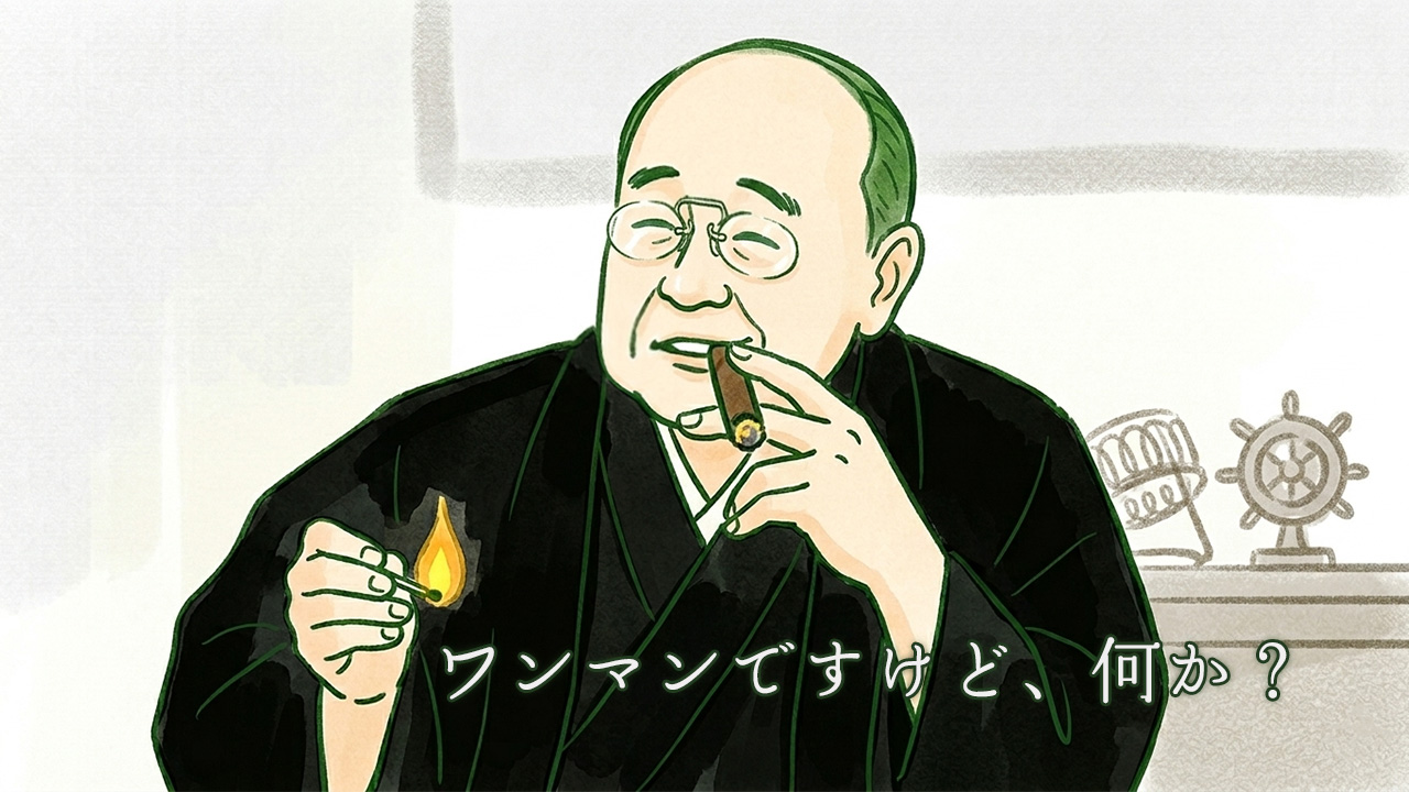 巻をくわえマッチを擦る、戦後の内閣総理大臣・吉田茂のイラスト。和装で鼻眼鏡をかけた姿。