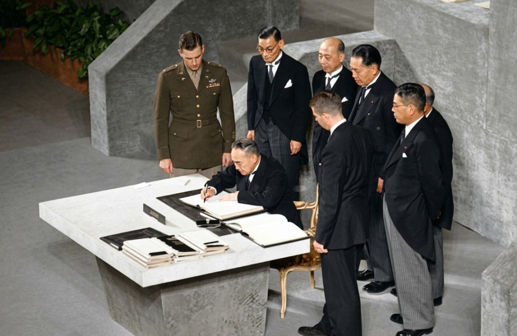 サンフランシスコ平和条約に調印する吉田茂首相の様子（カラー化写真）