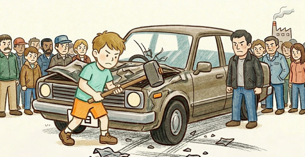 1980年代の日米貿易摩擦のイメージ。日本車をハンマーで叩き壊すアメリカ人労働者と、それを取り囲む厳しい表情の群衆。背景には工場の煙突。