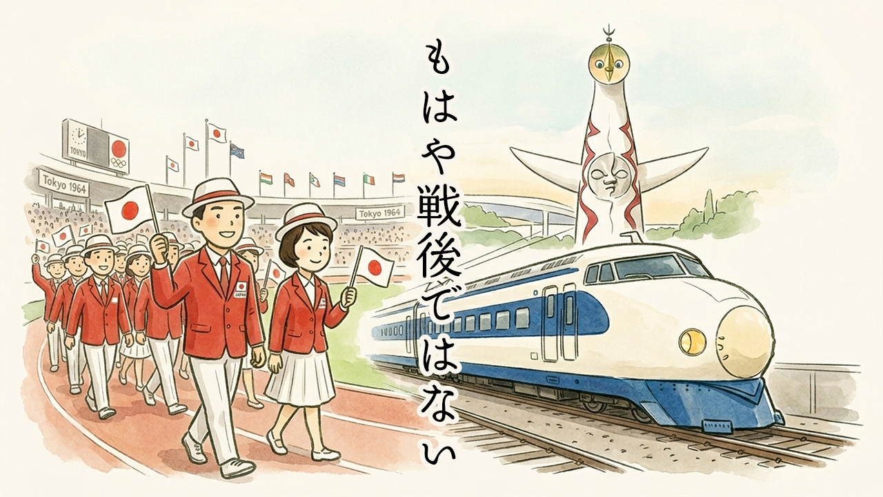 高度経済成長を象徴する、東京オリンピック日本選手団の入場行進、東海道新幹線、大阪万博の太陽の塔をコラージュした水彩風イラスト。「もはや戦後ではない」の文字入り。
