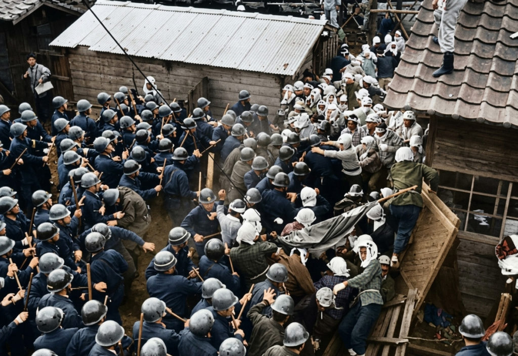 三井三池争議で、ヘルメットを被り警棒を持った多数の警官隊と、鉢巻を締めて対抗する労働者たちが木造建物の前で激しく衝突しているカラー化写真。