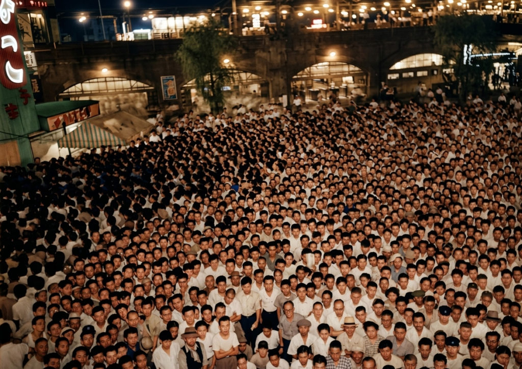 1950年代の日本、新橋駅付近で街頭テレビを囲む膨大な群衆。白黒写真をカラー化。