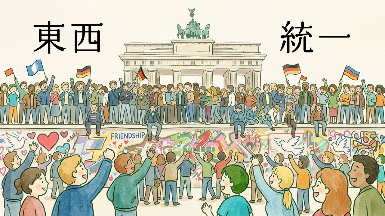 ベルリンの壁の崩壊のイメージイラスト。壁の上に大勢の人が登り、手を振ったり旗を掲げたりして喜んでいる。背景にはブランデンブルク門があり、壁には色鮮やかなグラフィティが描かれている。