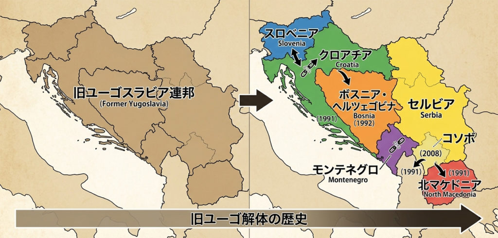 旧ユーゴスラビア連邦の解体プロセスを示す解説図。左側に解体前の連邦の全域、右側にスロベニア、クロアチア、ボスニア・ヘルツェゴビナ、セルビア、モンテネグロ、北マケドニア、コソボに分裂した様子が色分けで示されている。