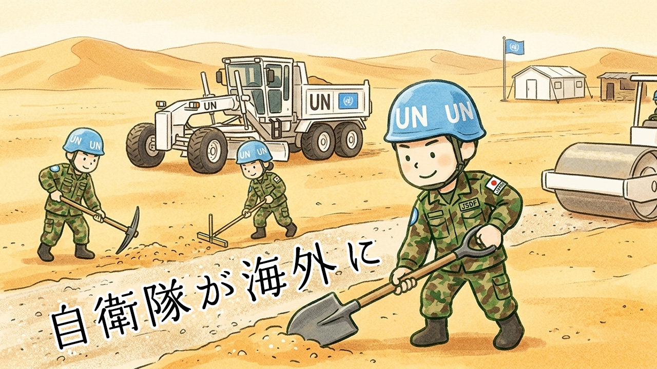 「自衛隊が海外に」というテキストとともに、砂漠地帯で道路整備などのPKO活動に従事する自衛官のイラスト