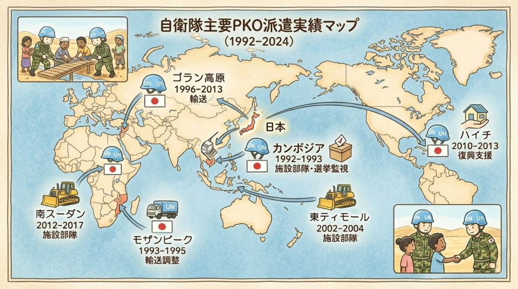 自衛隊の主要なPKO派遣実績(カンボジア、南スーダンなど)を示した世界地図