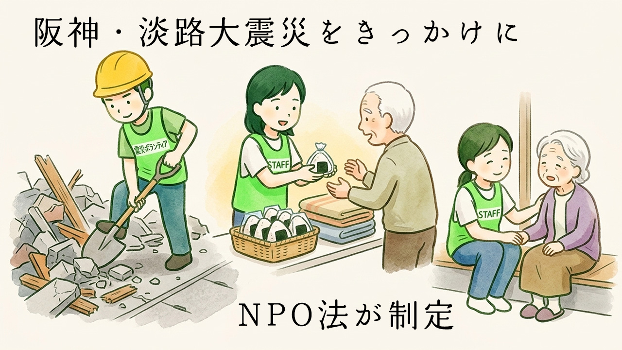 阪神・淡路大震災でのボランティア活動（瓦礫撤去、おにぎり配布、高齢者への傾聴）の様子を描いたイラスト。上部に「阪神・淡路大震災をきっかけに」、下部に「NPO法が制定」という文字が入ったアイキャッチ画像。